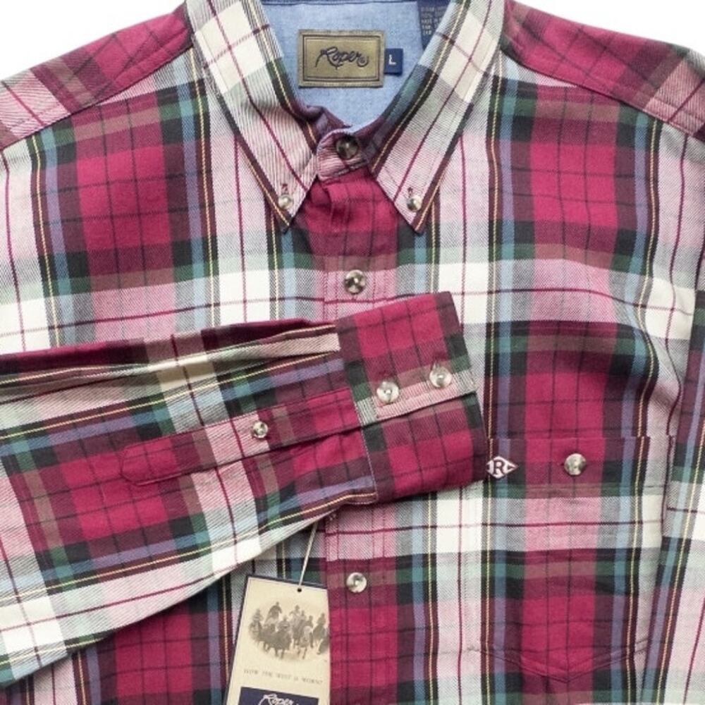 Roper Men's Western Plaid Shirt NWT Red Green Long Sleeve Button Front Size L